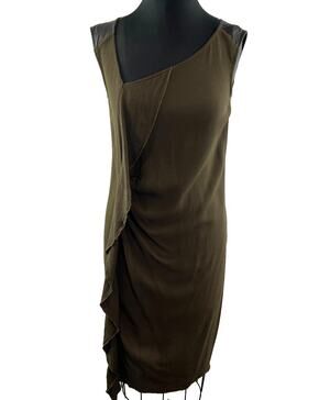 PURE DKNY V Neck Front Ruffle Dress Dark Olive Green Leather Trim M Medium $335